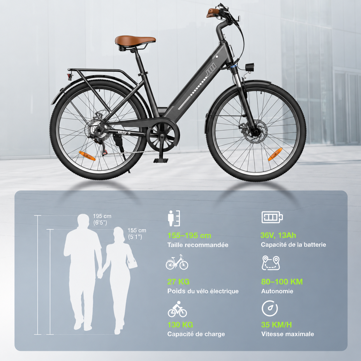 isinwheel UCityS Vélo électrique à cadre bas, batterie amovible, 88 km d’autonomie