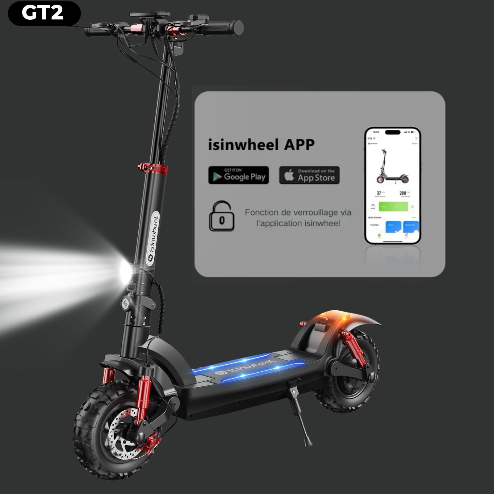 isinwheel® GT2/GT1 Trottinette électrique tout terrain 1200W pour adultes et adolescents