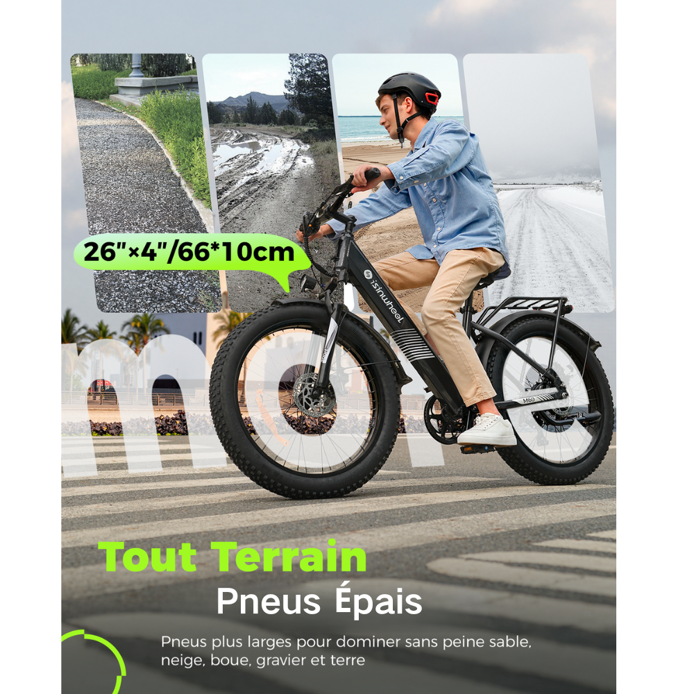 Fat Bike M60 Puissant : Pneus Tout-Terrain, 105km d'Autonomie & Batterie Amovible